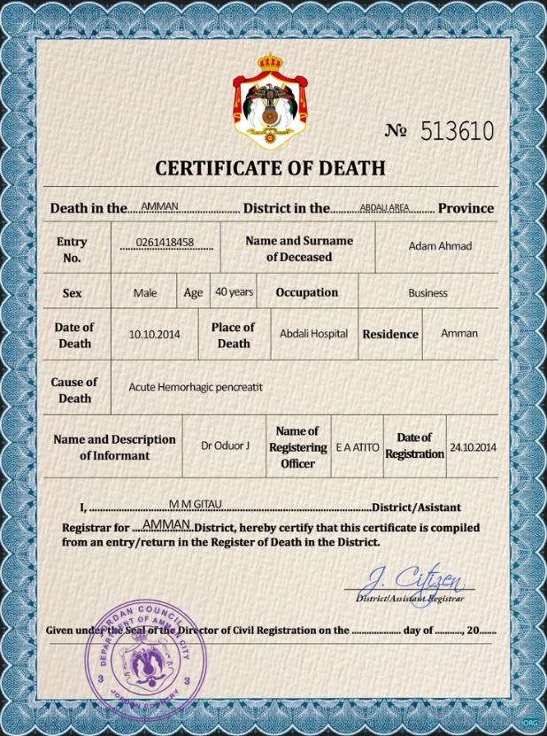 Download Jordan vital record death certificate PSD template Photoshop template